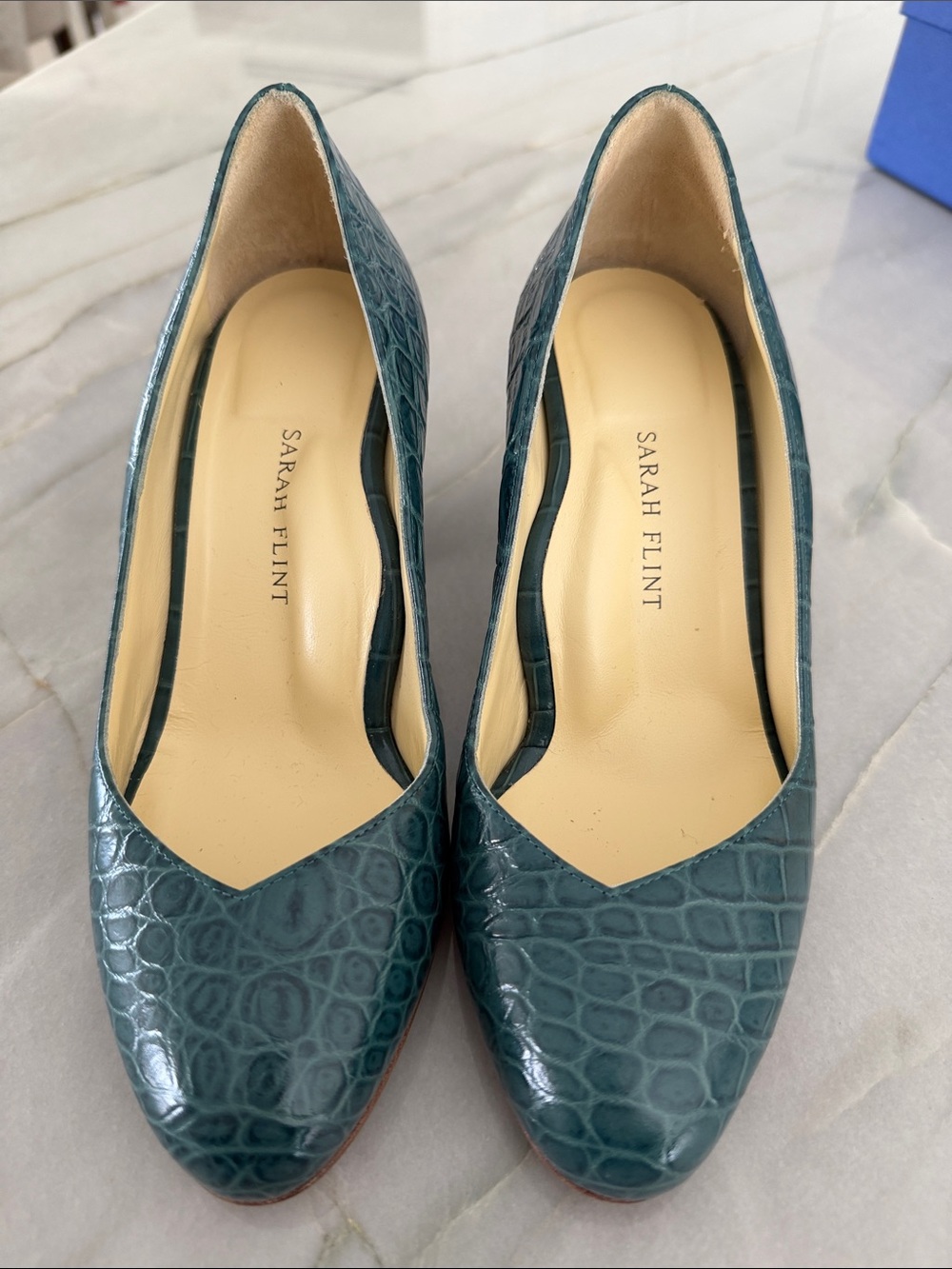 Sarah Flint Hunter Green Croc-Embossed Round Toe Pumps
